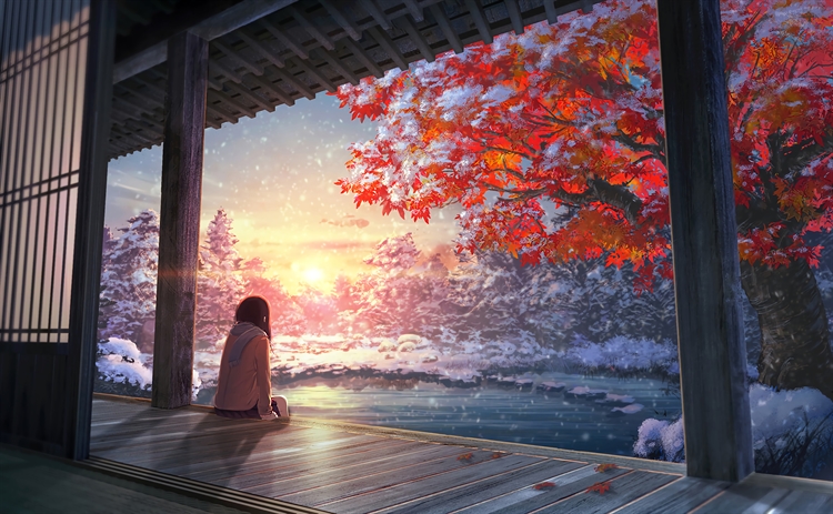 带着围巾的动漫女孩坐在古建筑外廊的台阶上看初冬的风景，夕阳晚霞下满天的飞雪遮住枫叶的红，唯美的4k动漫壁纸
