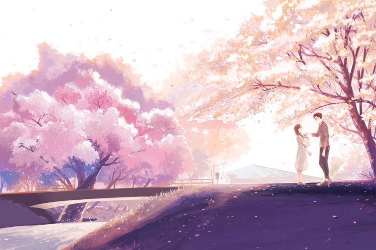 樱花飞舞的桥边一对情侣壁纸，女生和男生一起看初春的唯美风景的5k动漫壁纸
