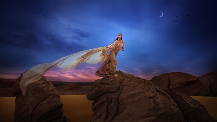 星空下的楼兰古城古装美女唯美壁纸艺术写实，沙漠戈壁上的5k美女图片
