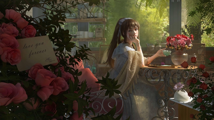 玫瑰花园阳光下坐在茶桌的清纯动漫女孩披肩4K高清动漫壁纸
