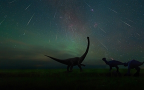 拍摄于二连浩特恐龙博物馆中的英仙座流星雨，中国内蒙古 