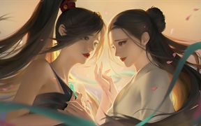 白素贞和小青拿着簪子泪目相对，2个妖精一样的动漫美女来自白蛇2-青蛇劫起，4K高清动漫电脑壁纸
