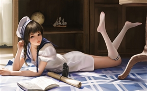 海军服动漫美女，白色袜子的美腿美女比翘殿更诱惑，航海望远镜、地图已不在少女眼里
