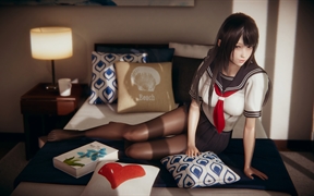 动漫美女学生身穿水手服制服坐在床上，黑色丝袜美腿的动漫少女4k动漫高清壁纸
