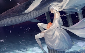 洛天依身着婚纱装扮花嫁新娘在唯美的星空中低头看着大海的4K高清动漫壁纸，动漫美女高清壁纸
