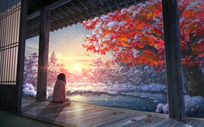 带着围巾的动漫女孩坐在古建筑外廊的台阶上看初冬的风景，夕阳晚霞下满天的飞雪遮住枫叶的红，唯美的4k动漫壁纸
