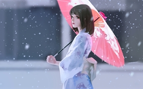 撑伞动漫女孩是个传日本和服的动漫美女，4k动漫高清壁纸
