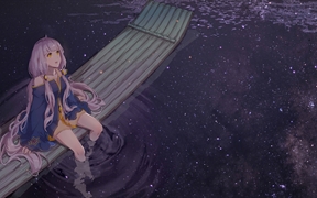 星尘星空下唯美壁纸，湖水上动漫少女坐在竹筏上仰望星空的4K动漫壁纸
