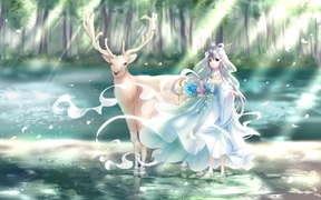 洛天依在绿色森林中和鹿 一起在小溪水上游玩，唯美古风动漫女孩壁纸5k动漫壁纸
