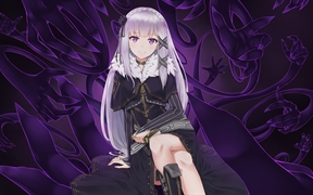 rezero 紫色眼睛动漫少女，坐着露出大长腿的4k动漫壁纸
