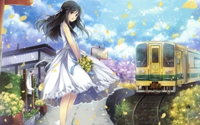 长发飘逸的动漫女孩穿着连衣裙拿着鲜花的唯美壁纸,面带微笑等着火车到来的4K动漫壁纸

