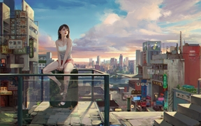 城市阳台上的动漫女孩，城镇的天空在阳光坐在行李箱上的动漫少女即将远离的5K高清动漫壁纸
