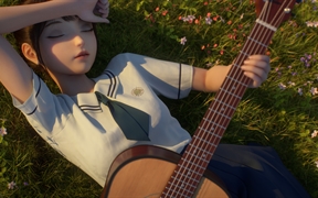 草地躺着马尾动漫女孩，穿校服的动漫少女怀抱吉他4K高清动漫壁纸
