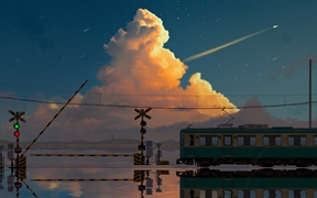 云的彼方，水上列车、湖、云、晚霞、星空、城市组成一幅唯美壁纸动漫风景4k高清壁纸下载
