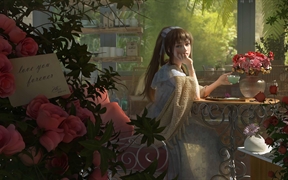 玫瑰花园阳光下坐在茶桌的清纯动漫女孩披肩4K高清动漫壁纸
