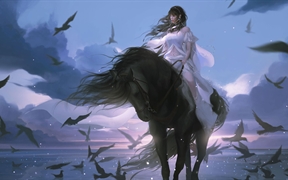 骑马的动漫美女，海边微风吹过白裙动漫美女，海鸟随风起舞的4K高清动漫壁纸
