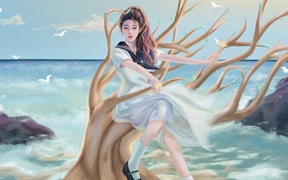 海边动漫美女坐在树上，水手服动漫女孩唯美壁纸海边创意4k动漫壁纸
