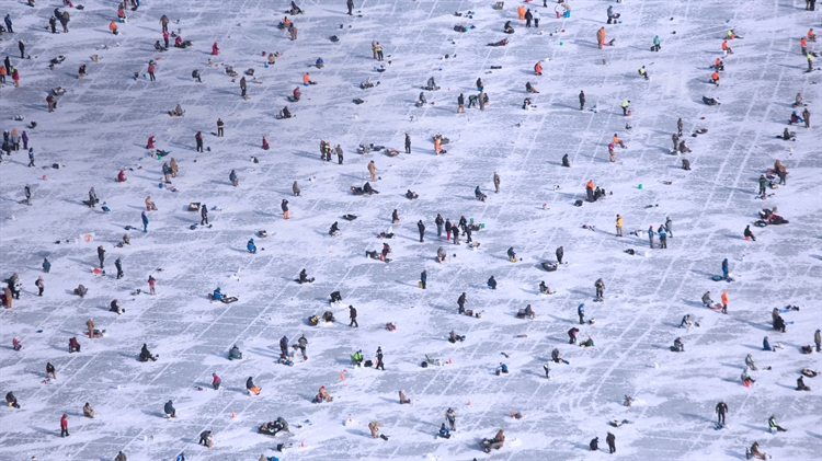 明尼苏达州 ，人们在布雷纳德的加尔湖上冰钓