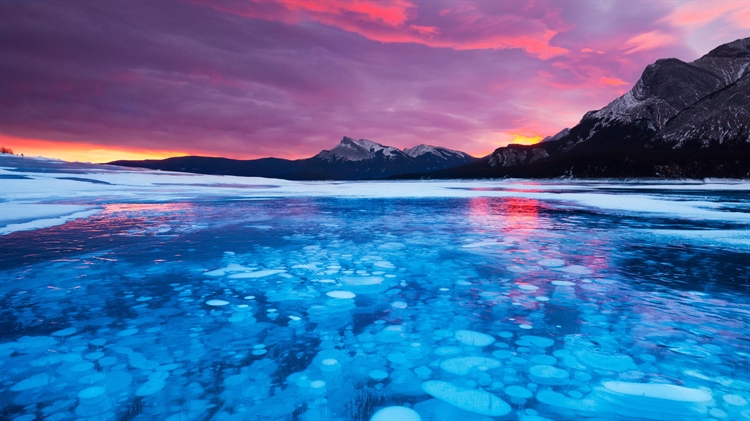 加拿大艾伯塔省 ，亚伯拉罕湖中的冰泡