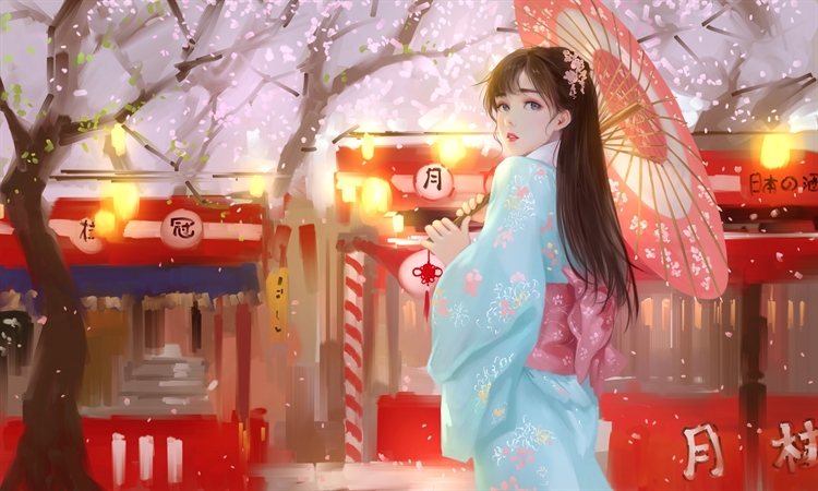樱花飘落的街道日本和服动漫美女回眸一笑，厚涂画唯美好看的4k动漫高清壁纸
