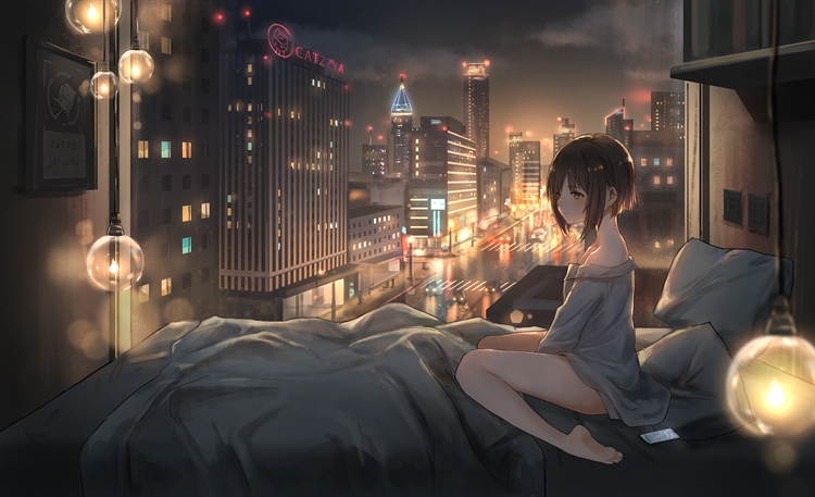 动漫少女晚上坐在床上深思的看着城市的夜景，高清4k动漫壁纸动漫女孩等你来下载
