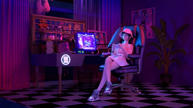 动漫少女集原美电脑椅上翘着二郎腿在看手机，昏暗红色的电脑房间4K电脑动漫壁纸
