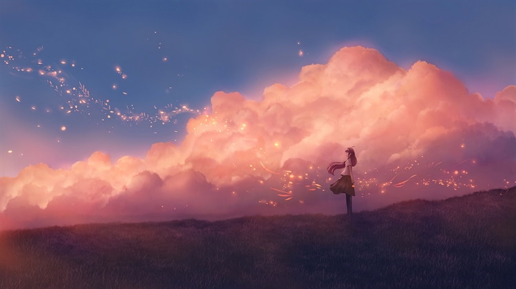 动漫少女在草地仰望天空中的云朵，一幅唯美壁纸动漫4k壁纸
