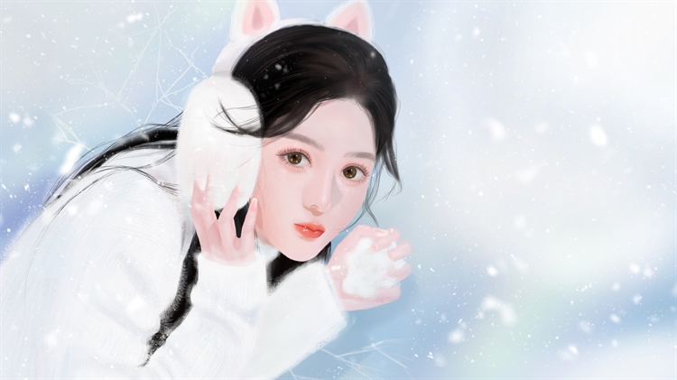 雪地中的动漫女孩带着兔子耳朵的耳套穿着白色毛衣，红色脸蛋可爱的5K高清壁纸、5K动漫壁纸
