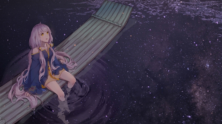 星尘星空下唯美壁纸，湖水上动漫少女坐在竹筏上仰望星空的4K动漫壁纸
