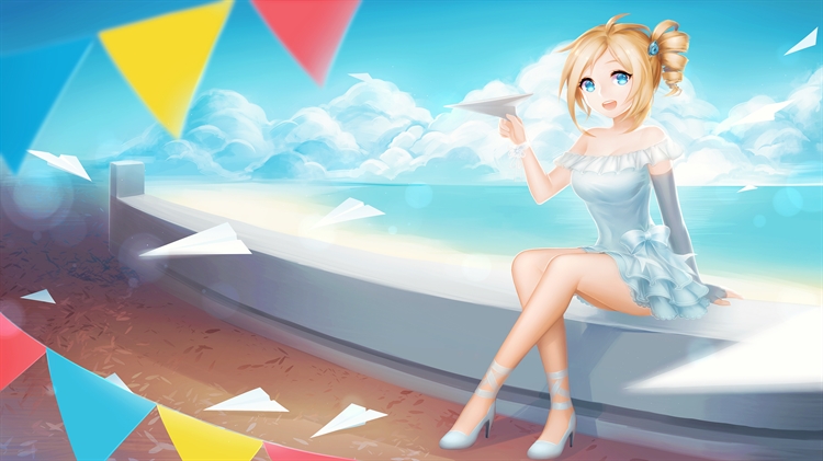 海边的动漫女孩在玩纸飞机,可爱动漫女生4K壁纸
