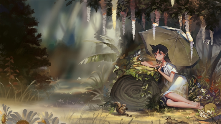 《名侦探柯南》动漫女孩小兰在森林寻找松鼠和雏菊的4K高清动漫壁纸
