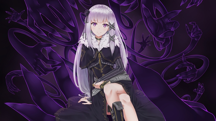 rezero 紫色眼睛动漫少女，坐着露出大长腿的4k动漫壁纸
