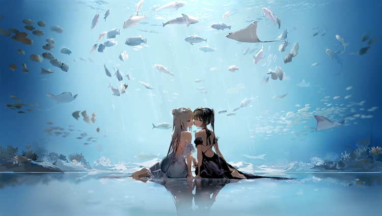 两个动漫少女水族館看鱼，赤足露背唯美壁纸风景，玩水湿身迷人眼神的4k高清动漫壁纸
