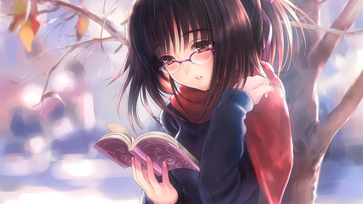 文静的动漫女孩在树下看书，披着围巾戴着眼镜的4K动漫壁纸
