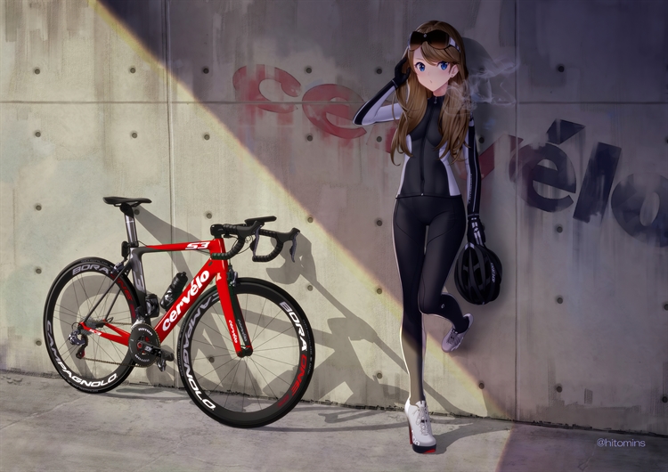 自行车骑手可爱动漫少女靠在墙壁上休息，运动女孩凸显修长身材的4k动漫壁纸
