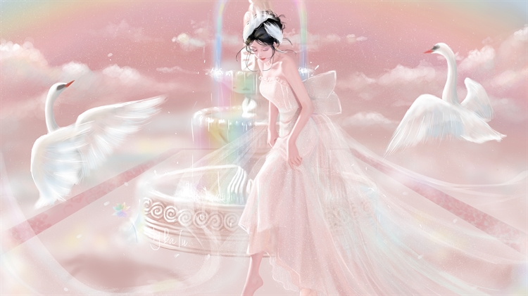 漂亮的动漫美女在彩色喷泉中跳舞，天鹅陪伴下梦幻如仙境一样在云雾中5K高清动漫壁纸
