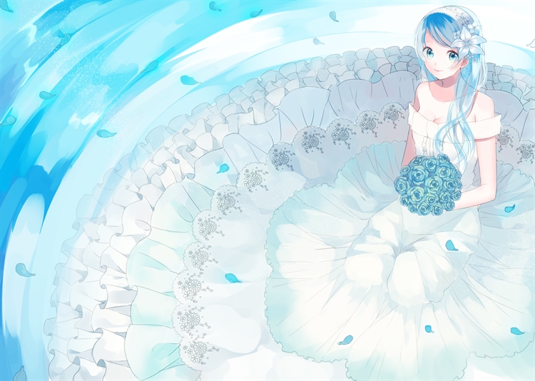装扮蓝色动漫女孩手握玫瑰穿着美丽婚纱的4K动漫壁纸
