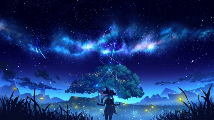 蓝色星空下的动漫女孩装扮女巫，在草原树下仰望星座，一幅动漫风景4K高清动漫壁纸
