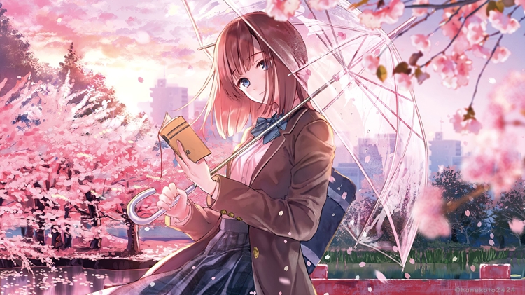 动漫女孩撑雨伞在樱花边看书，学生装的动漫女孩4k高清动漫壁纸
