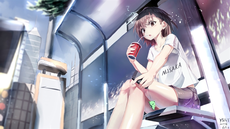 夏季喝饮料的动漫女孩独自坐在公交站台等待，动漫女孩就那么可爱的坐着的动漫4k壁纸
