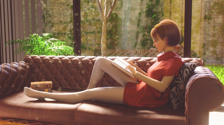 动漫女孩躺在客厅沙发看书，阳光洒落进来的4K高清动漫壁纸
