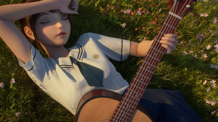 草地躺着马尾动漫女孩，穿校服的动漫少女怀抱吉他4K高清动漫壁纸
