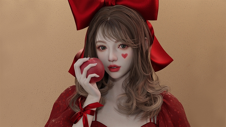 红裙动漫少女，红蝴蝶结拿着苹果的动漫少女，3D4K高清动漫壁纸
