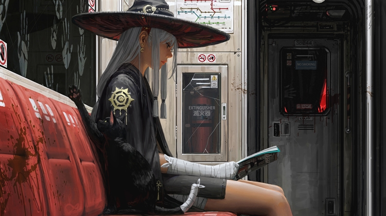 白发魔女黑猫在地铁坐着看书，手上缠绷带的动漫女孩5K高清动漫壁纸
