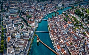 Aerial view of Chapel Bridge over the river Reuss in Lucerne, Switzerland 