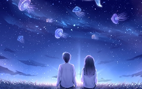 唯美星空夜景下的草原上小情侣一起仰望星空看着满天的水母，还有那星空海豚的尾巴，高清动漫唯美壁纸
