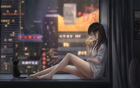 大长腿动漫女孩飘窗前喝啤酒看着雨天的城市夜景，小猫咪旁边静静陪着,唯美4k动漫壁纸

