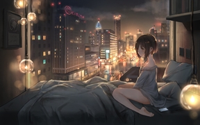 动漫少女晚上坐在床上深思的看着城市的夜景，高清4k动漫壁纸动漫女孩等你来下载
