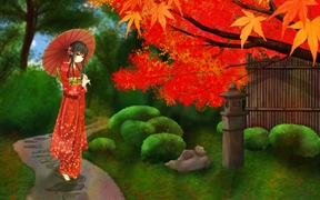 公园穿和服的动漫女孩红衣和服及撑伞长发的女孩，日本动漫4K壁纸图片
