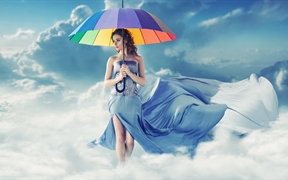 彩虹伞的性感欧美美女，黑发漫步在蓬松的云朵上，大长腿的5k人物创意壁纸图片
